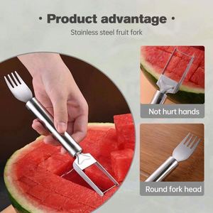 2-in-1 Dual Head Stainless Steel Watermelon Cutter Home <b>Kitchen</b> <b>Gadget</b> Fork Silcer Fruit Knife Fork Watermelon Cutter - Product Image 4