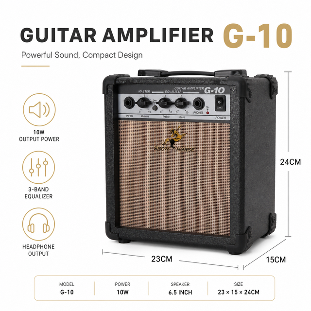 Swift Horse Professional 10W Iron Electric Guitar Amplifier 2-Band EQ Volume Treble Bass Control Portable Practice Amp for