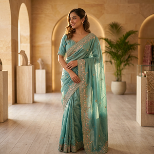 Ensemble de sari en soie vert marine de luxe avec bordure brodée de sequins et de zari, idéal pour les mariages indiens et pakistanais, et les fêtes, avec un blouz assorti. - Product Image 1