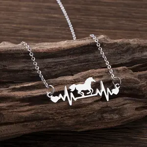 Trendy Running Horse Necklace Stainless Steel Heartbeat ECG Necklaces For Women Men Animal Jewelry