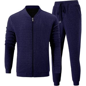 Ensemble de survêtement personnalisé pour homme, 2 pièces, avec fermeture éclair intégrale, en jacquard gaufré à carreaux, tenue décontractée de sport et de jogging, poids moyen, respirant - Product Image 2