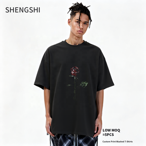SHENGSHI camiseta a granel Unisex 100% algodón 320g de gran tamaño cuello redondo lavado ácido Retro equipo suave logotipo personalizado MOQ 5 uds Casual - Product Image 1