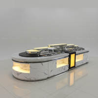 Comptoir de buffet moderne incurvé avec LED et surface solide en Korian pour les écoles, les restaurants et les hôtels