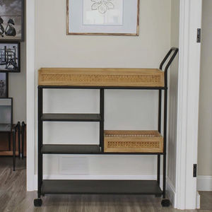 Modern Home <strong>Service</strong> bar <strong>Cart</strong> with Rattan Basket with Wheel Rack Kitchen Mobile <strong>Cart</strong> - Product Image 4
