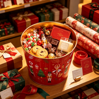 Kotak Penyimpanan Logam Bermotif Nutcracker Natal Merah, Kemasan Hadiah, Ember Es Dekoratif, Pot Bunga untuk Taman