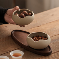 Ensemble de bols à collation Lotus Rim avec plateau ovale en bois 210 ml, plat de service en grès pour noix, plateau à fruits secs pour table à thé, 2 ou 3 bols