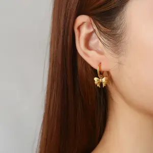 Waterproof pvd plated 18k gold stainless steel small hoop earrings cute bow charm dangle drop earring for lady