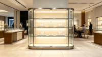Luxuriöse Gebogene Glas-Schmuckvitrine mit Gebürstetem Edelstahlrahmen und LED-Beleuchtung - Umweltfreundlich mit Anpassbaren Farben zur Präsentation