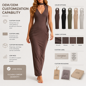 Robe longue moulante marron moka personnalisée pour <span class=keywords><strong>femme</strong></span>, sans manches, col en V, tricotée froncée, pour soirée cocktail, avec logo personnalisé, vêtements pour <span class=keywords><strong>femme</strong></span> - Product Image 5