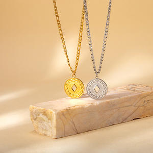 Collar de moneda ahuecado a la moda, eslabón de acero inoxidable, colgante de círculo Retro francés, clavícula de lujo con luz inspirada en el budismo - Product Image 3
