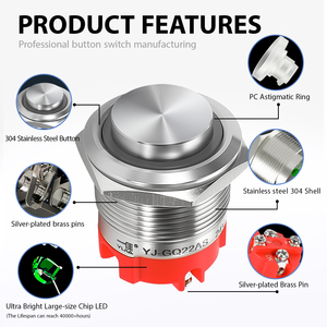 مفتاح ضغط ليزري برمز 22 مم 1NO مقاوم للماء عالي التيار 18 أمبير بموصلات برغي ورأس عالي مع إضاءة LED مطلي بالكروم من النحاس - Product Image 2