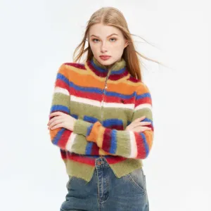 N3654 Новый осенний 2023 женская одежда Радужный полосатый свитер ретро вязаный кардиган
