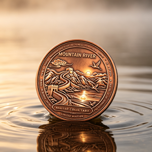 Barra de lingotes de cobre fino .999 de 1 onza con paisaje de montaña y río de la Gran Muralla China, medalla redonda de cobre fino de alto relieve para entusiastas de las monedas - Product Image 1