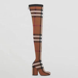 קלאסי משובץ נשים מתיחה של ירך מגפיים גבוהים עם עקבים צ 'אנקי מעל הברך גב ארוך רוכסן לחורף - Product Image 4