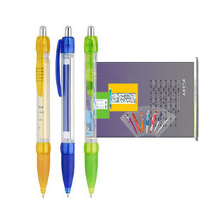 Stylo bille publicitaire promotionnel en plastique transparent avec logo, personnalisable, économique, avec drapeau publicitaire intégré - Product Image 1