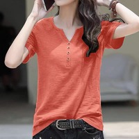 Kaos Katun Wanita Ukuran Besar 6XL V-Neck Lengan Pendek Atasan Bernapas Kasual Polos dengan Hiasan Kancing untuk Musim Panas