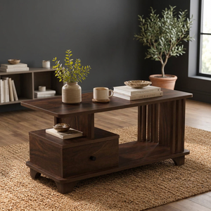 Table basse en bois d'ingénierie avec tiroir, finition Junglewood, table centrale moderne pour salon, coin canapé, décoration de meubles de maison - Product Image 3