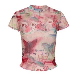 T-shirt Chic da <span class=keywords><strong>Donna</strong></span> con <span class=keywords><strong>Motivi</strong></span> a Farfalla e Schizzi di Vernice, Maglia a Maniche Corte in Maglia, Top Corto con Dettagli a Contrasto - Product Image 1