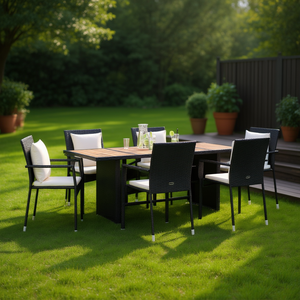 <b>Black</b> Poly Rattan Garden Dining Set 6 Seater Teak Top Steel <b>Frame</b> Contemporary Outdoor Furniture - Product Image 3