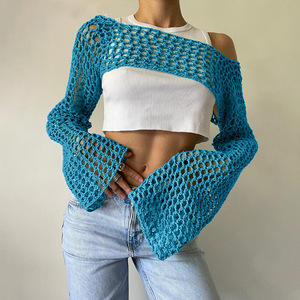 HANO venta al por mayor personalizado de alta calidad Sexy espalda descubierta ahueca hacia fuera Bolero encogimiento de hombros manga larga Smock tejido Crochet Crop Tops para mujeres - Product Image 4