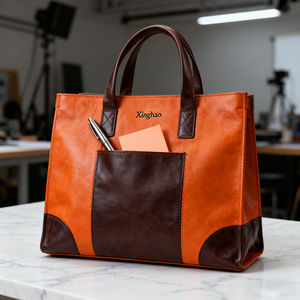 Venta al por mayor, espacioso, naranja + marrón oscuro, bolso de mano de cuero auténtico, personalizado de fábrica, de alta calidad, bolso de cuero para mujer con logotipo a la venta - Product Image 3
