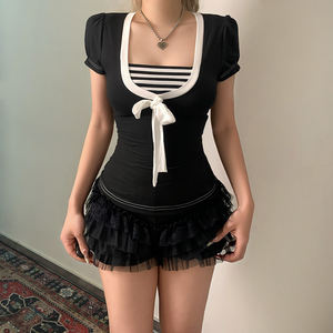 Camiseta de manga corta transpirable con lazo frontal estilo dulce y femenino para mujer, cuello cuadrado, contraste de color, tejido elástico, ecológica - Product Image 3