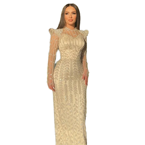 Di lusso elegante rosa con perline abito da sera drappeggiato strass perle <span class=keywords><strong>maniche</strong></span> <span class=keywords><strong>lunghe</strong></span> per le donne formale festa di nozze - Product Image 2