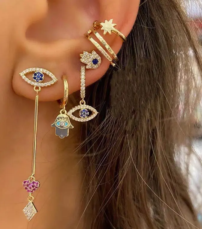 New hot-selling popular copper micro diamond earrings Devil's eye palm crystal rhinestone earrings set fashionable ladies daily