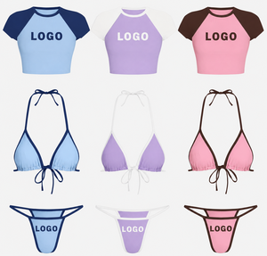 Women's 2 Piece Bikini Set Crop <b>Top</b> With Logo Thong Bottoms Solid Color Stretch Swimwear Spandex Polyester Halter Neckline - Product Image 1