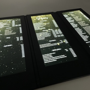 नई डिजाइन फैशन चमड़े के नेतृत्व में मेनू कवर रेस्तरां के लिए <span class=keywords><strong>3</strong></span> पृष्ठों प्रकाश रिचार्जेबल पेटेंट उत्पाद - Product Image 6