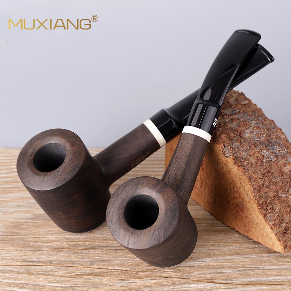 MUXIANG Houten tabakspijp, ebbenhout gladde handgemaakte pijp met imitatie ivoor decor ring, verpakt met zwarte zak wgac0024