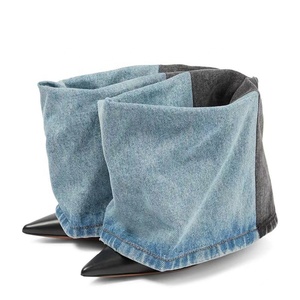 Custom Denim Folded Short <b>Boots</b> Thin High Heels Pointed Toe Mixed Color Overlay Ankle Booties Wide Top Women's Trend Shoes - Product Image 5