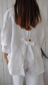 Chemisiers et chemises de grande taille pour femmes élégantes pour le printemps et l'été Chemise blanche en lin à lacets dans le dos - Product Image 5