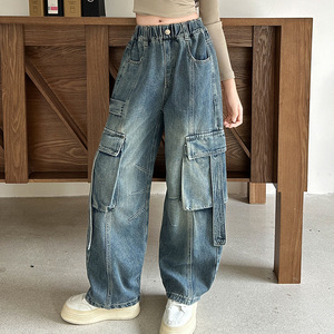 <span class=keywords><strong>Pantaloni</strong></span> cargo in denim con tasche grandi per ragazze, tinta unita, modello ampio e corto, per bambine più grandi, primavera/autunno - Product Image 6