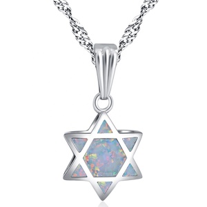 Interessante Collana con Pendente a Doppia Faccia Stella di <span class=keywords><strong>David</strong></span> Ebraica Chai in Ebraico Blu e Bianco con Opale di Fuoco, Gioiello da Regalo - Product Image 2