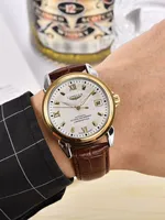 Montre automatique LONGLUX pour homme, style business, loisirs, rendez-vous, mécanique, bracelet en cuir, étanche, avec affichage jour et date, cadeau pour homme.