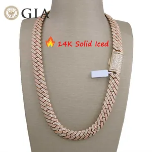 Hip Hop Jewelry 14mm Real 14K Yellow Gold Prong Setting VS Lab Grown Natural Diamond Iced Out Cuban Link Chain and Bracelet