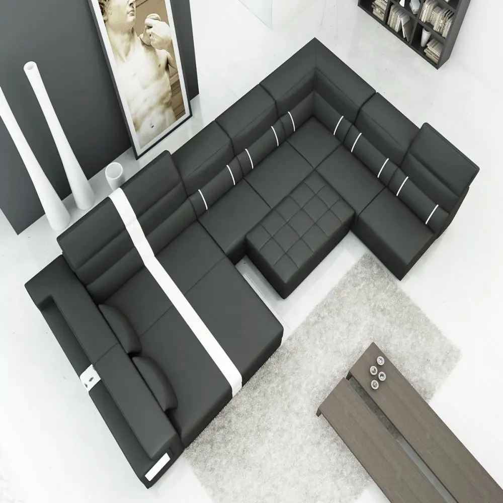 Sofá cama seccional grande en U de cuero de aire negro, sofá cama de lujo italiano moderno para sala de estar, sofá de cuero genuino de lujo