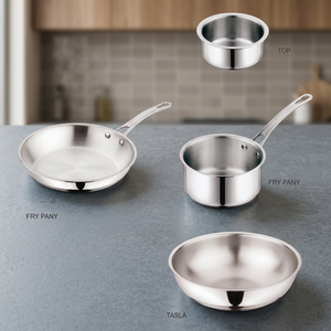 Stainless Steel Cookware <b>Set</b> Fry <b>Pan</b> <b>Sauce</b> <b>Pan</b> Tasla Bowl Silver Metal Kitchen Utensils - Product Image 1