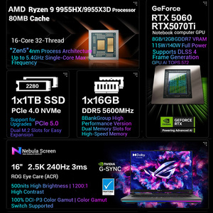 แล็ปท็อปเกมมิ่ง Strix G16 รุ่นใหม่ล่าสุด ขนาด 16 นิ้ว 2.5K 240Hz 500nit Ryzen9 9955X3D rtx 5070 ti - Product Image 3