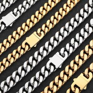 Wholesale 6mm 8mm 10mm 12mm 16mm Hip Hop 18k Gold Plated Jewelry Stainless Steel Cuban Link Chain Gold Necklace Bracelet for <b>Men</b> - Product Image 2