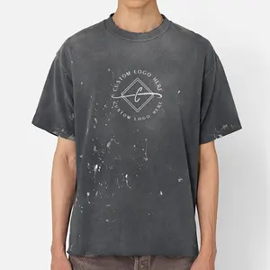 Fashion 250gsm heavyweight cotton raw hem t-shirt stone washed over size spray paint vintage distressed t shirt