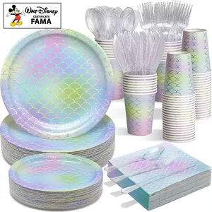 Birthday Party Supplies FAMA Pafu Mermaid Supplies For 10 People Ocean Party Disposable Dinnerware Girl Birthday Baby Shower All-in-One Party Supplies