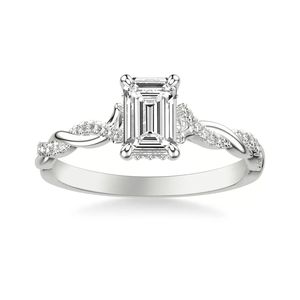 Anillo de compromiso de oro macizo de 14K con diamante de laboratorio talla esmeralda, certificado IGI, con tallo infinito retorcido y diamantes pavé laterales para mujer - Product Image 2