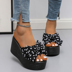 Mules compensées pour femmes, version coréenne, avec nœud papillon et fleur, talons hauts rehaussants, chaussures tendance - Product Image 1