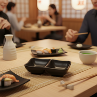 Nouveau style de plat à sauce pour sushis japonais, noir, avec compartiments