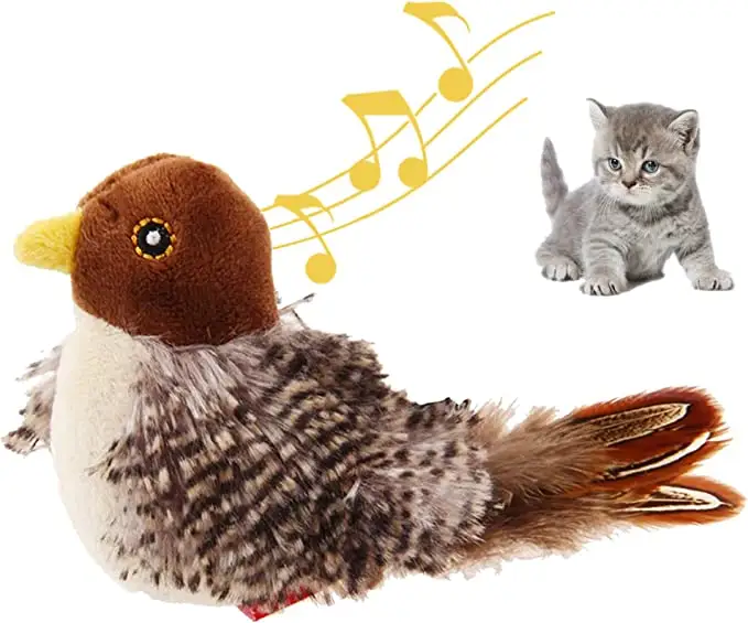 2023 Pet Interactive Electronic Plush Cat Toy Automatic Chirping Bird Cat Toy Squeaky with Feather Tail