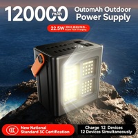 Banque d'alimentation solaire, 120000mAh, 9 ports de sortie, câble de charge intégré, port DC, lampe torche LED, banque d'alimentation à charge rapide