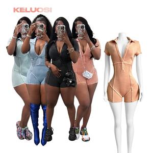 Buen Material de algodón lavado pantalones cortos monos mujeres cuello en V manga corta una pieza Skinny Romper Bodysuits - Product Image 1