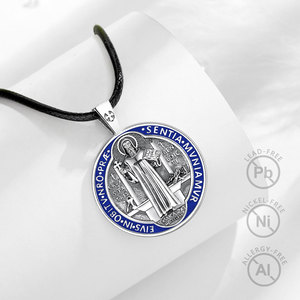 Merryshine S925 plata esterlina protección mágica fe religiosa <span class=keywords><strong>San</strong></span> St Saint Benedict moneda <span class=keywords><strong>medalla</strong></span> colgantes collares para hombres - Product Image 5